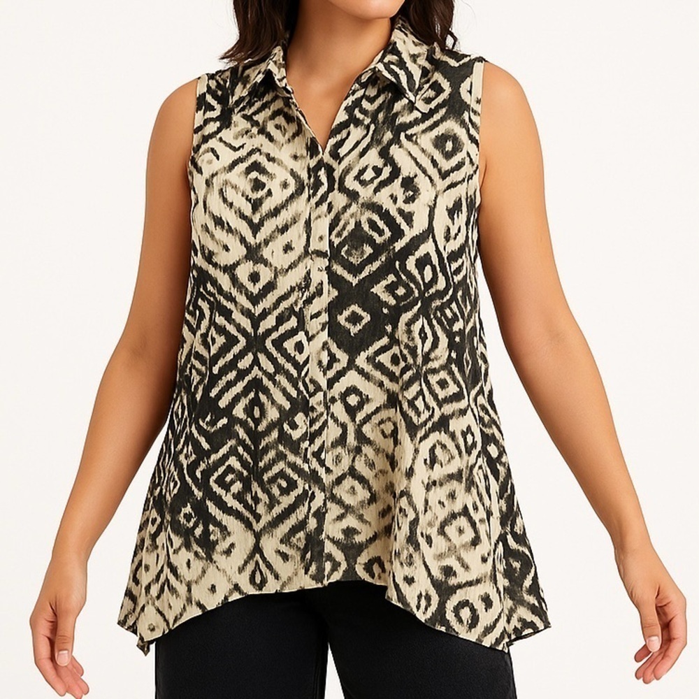 Ikat Tunic Tank Top with a V-Neck Collar Bold 80’s Statement Boho White Black L